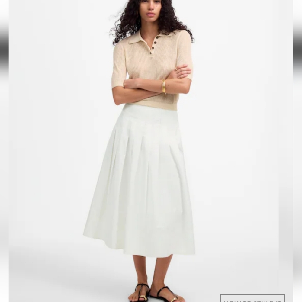 New Madewell Pleated Midi Skirt in Cotton Poplin NV576 White Size 8